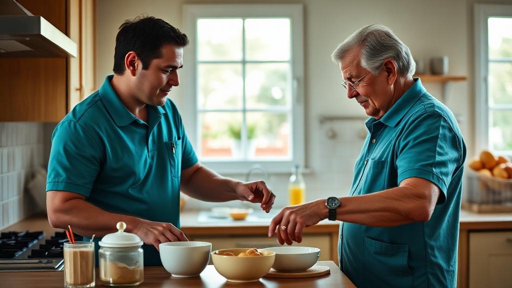 Caregiver gently guiding a senior through a familiar daily morning routine in a bright kitchen