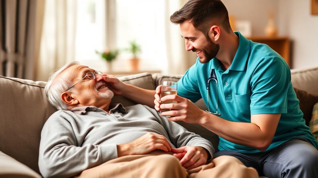 Caregiver helping a resting senior sip water on the couch