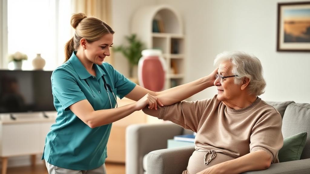 Caregiver helping an elderly man with arm exercises while his wife watches with relief
