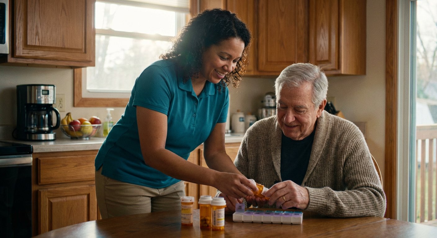 Caregiver in teal polo organizing prescription medications on a clean kitchen counter