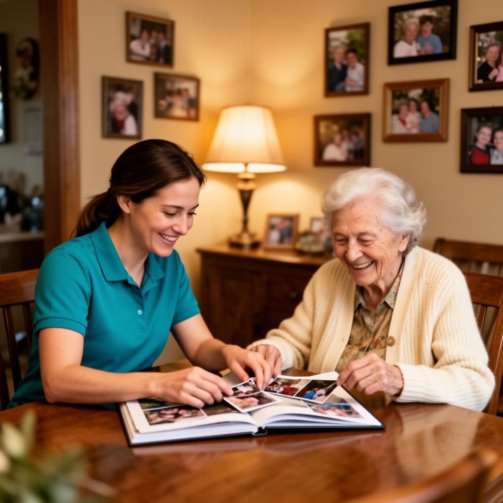 Professional caregiver in teal polo and elderly woman smiling together over photo album at dining table