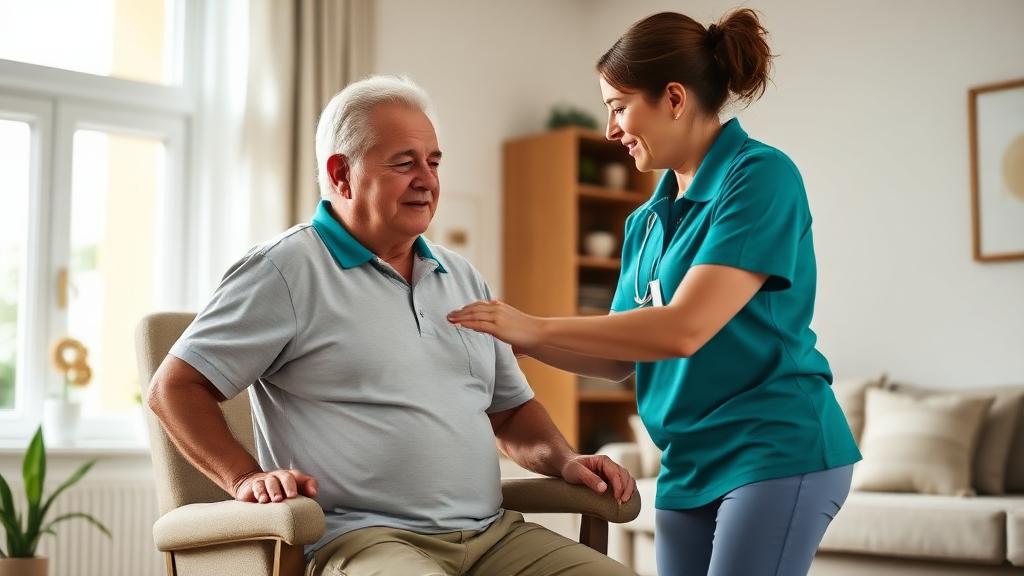Caregiver helping a senior with gentle mobility exercises after surgery