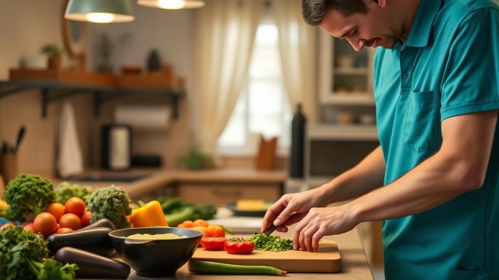 Caregiver in teal polo preparing a nutritious meal with fresh vegetables in a senior's kitchen