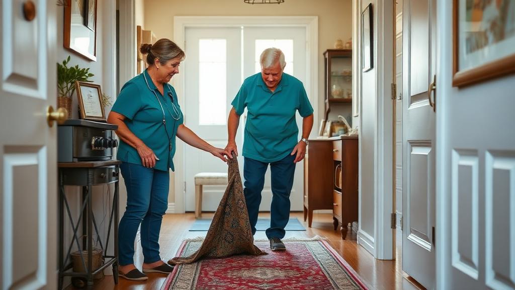 Caregiver helping an elderly man remove a loose rug and safety-proof his home