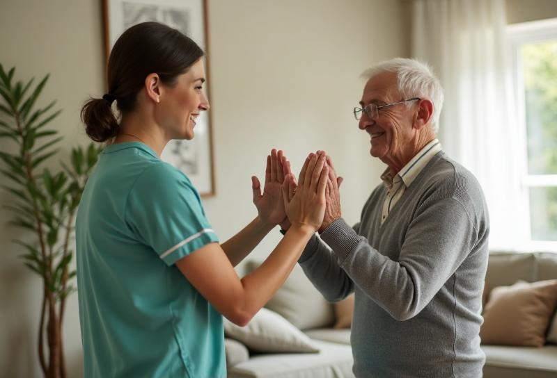Caregiver and senior celebrating a recovery milestone together with a high-five