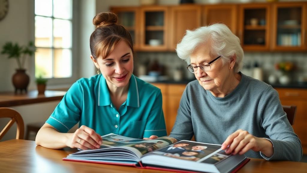 Caregiver and elderly woman looking through a family photo album together at a kitchen table