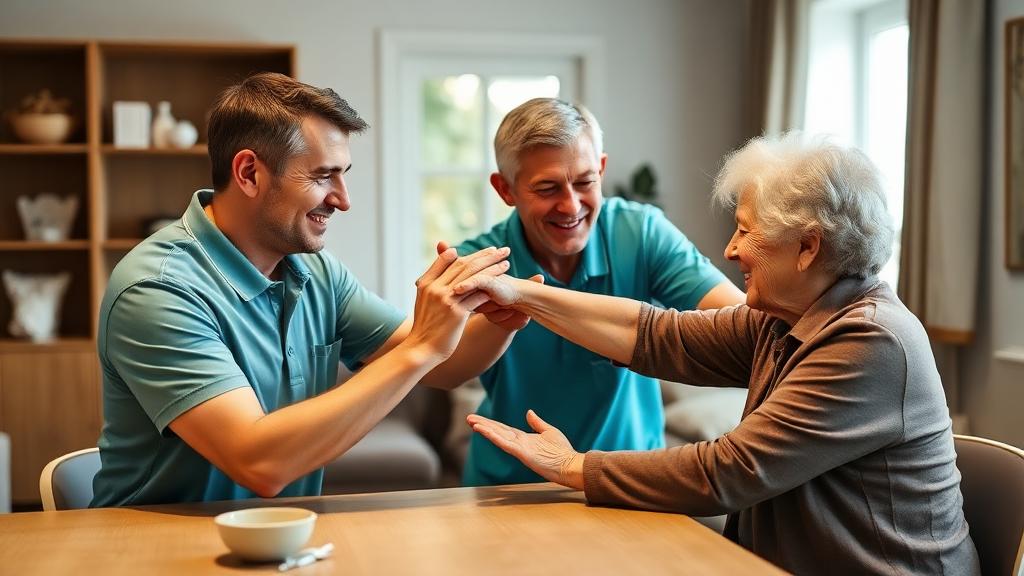 Caregiver helping an elderly woman with gentle arm and hand rehabilitation exercises