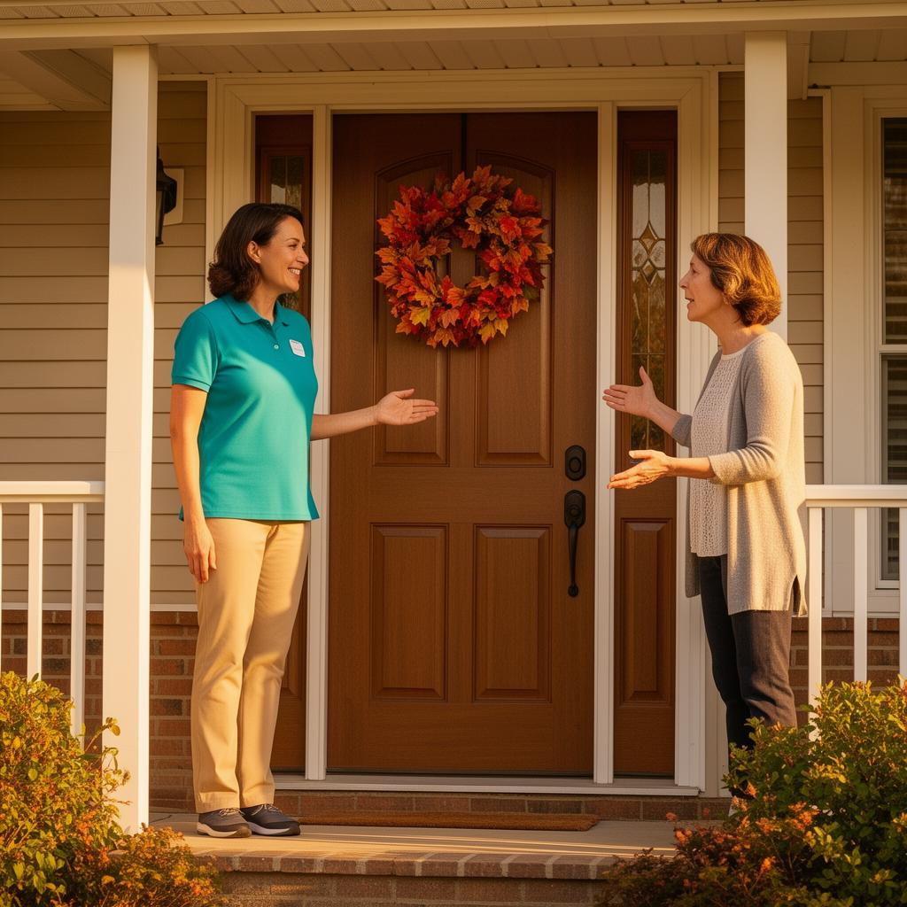 Professional caregiver arriving at front door, greeted by relieved family member