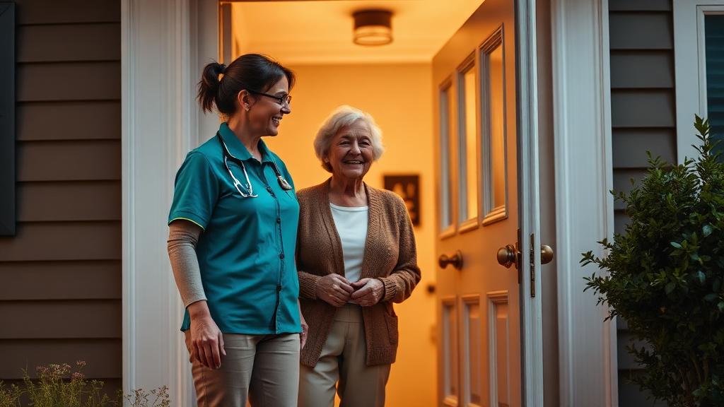 Professional caregiver in teal polo welcoming an elderly woman arriving home from the hospital
