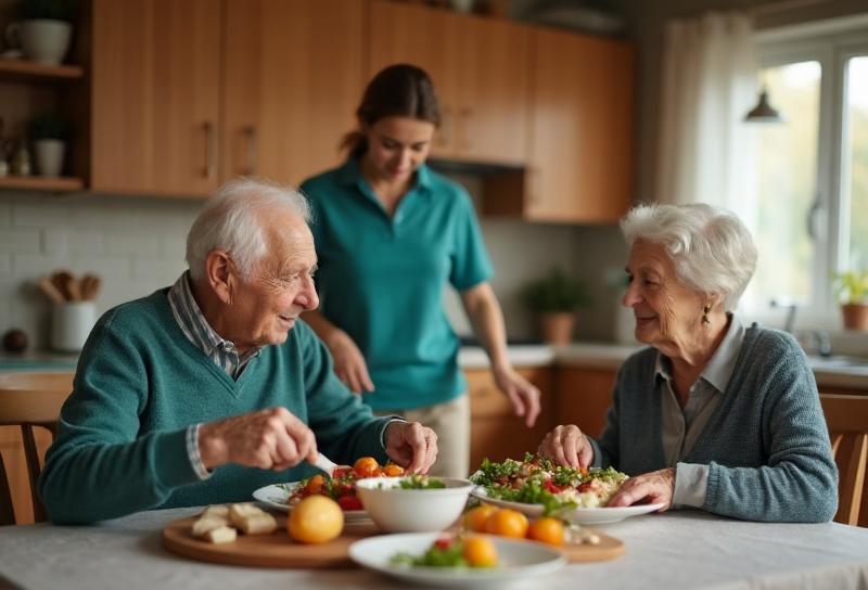 Elderly couple enjoying a meal together while caregiver prepares food in the kitchen