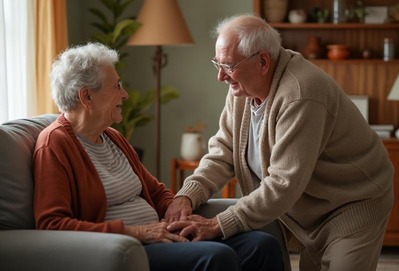 Elderly wife helping her husband stand up from a chair in their living room