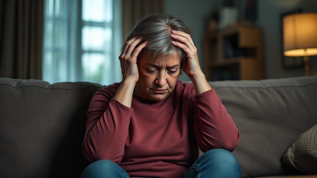 Exhausted family caregiver sitting with head in hands, showing signs of burnout