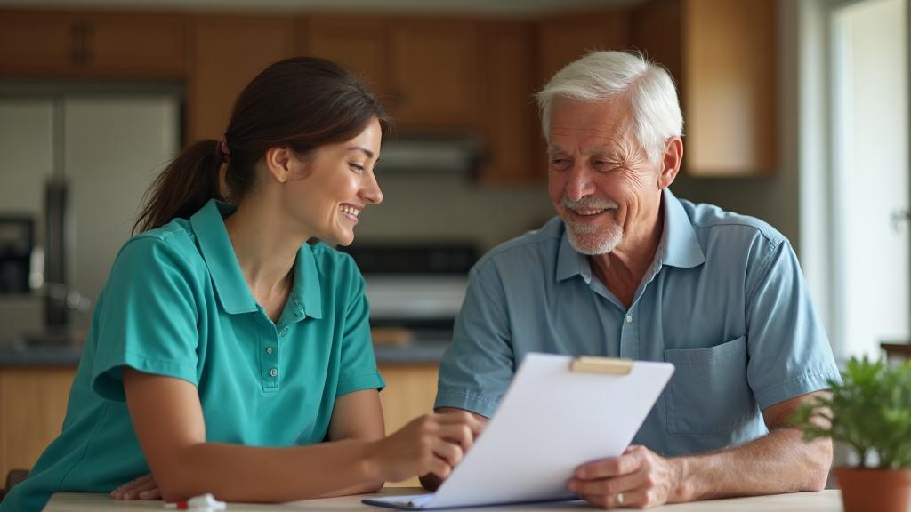 Family member and caregiver reviewing a fall prevention safety checklist together at a kitchen table