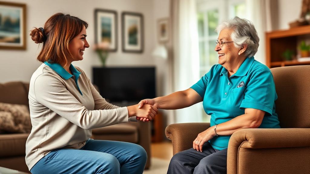 Family member and caregiver shaking hands while senior smiles in living room