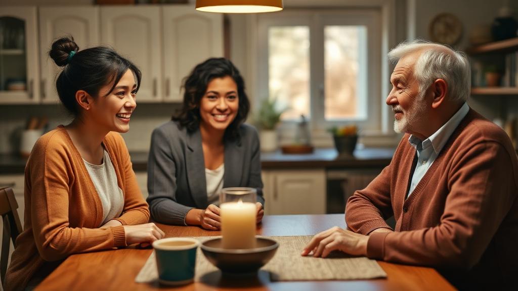 Family having a supportive conversation about a parent's dementia diagnosis at the kitchen table