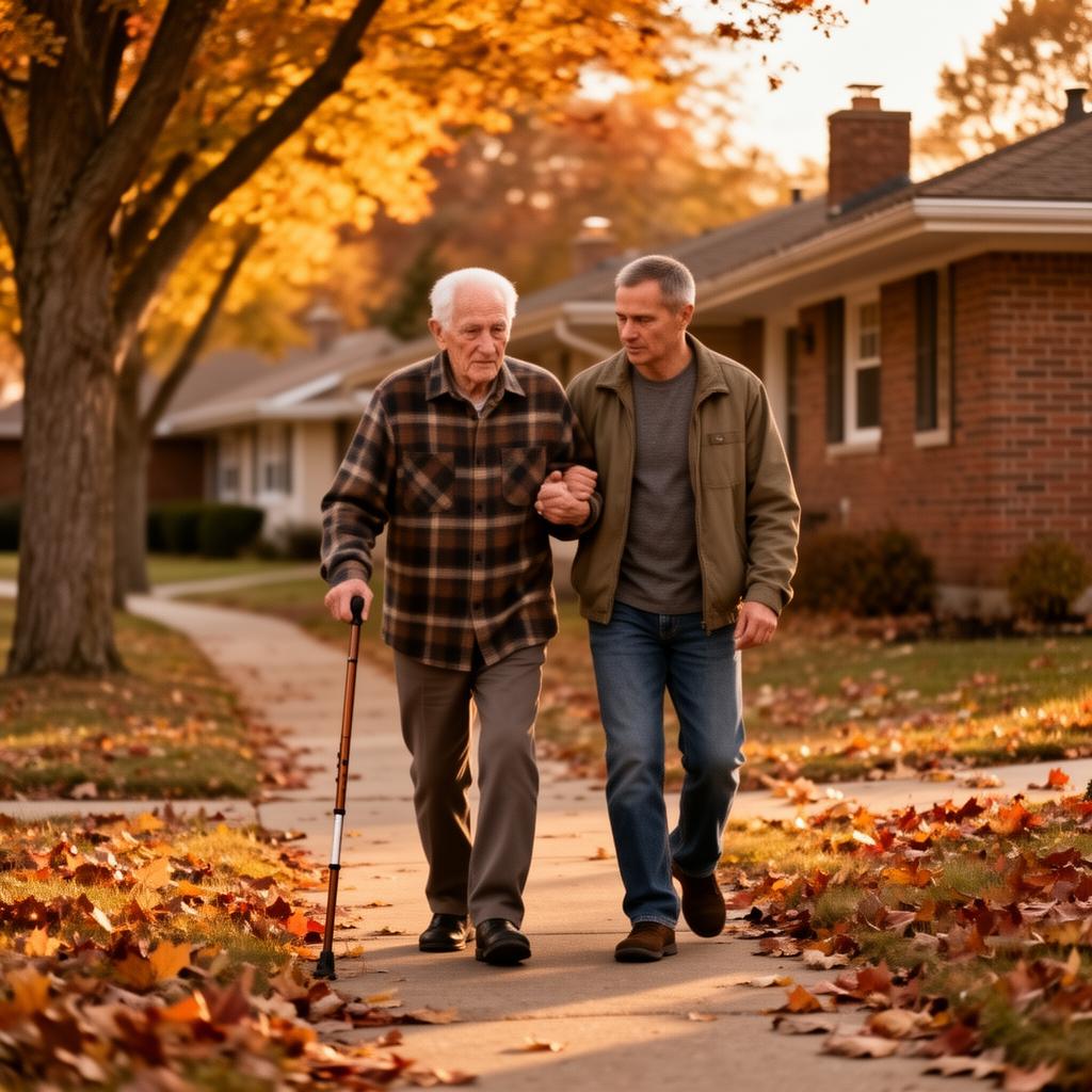 Adult son walking with elderly father using a cane on autumn sidewalk past brick ranch homes in Southeast Michigan