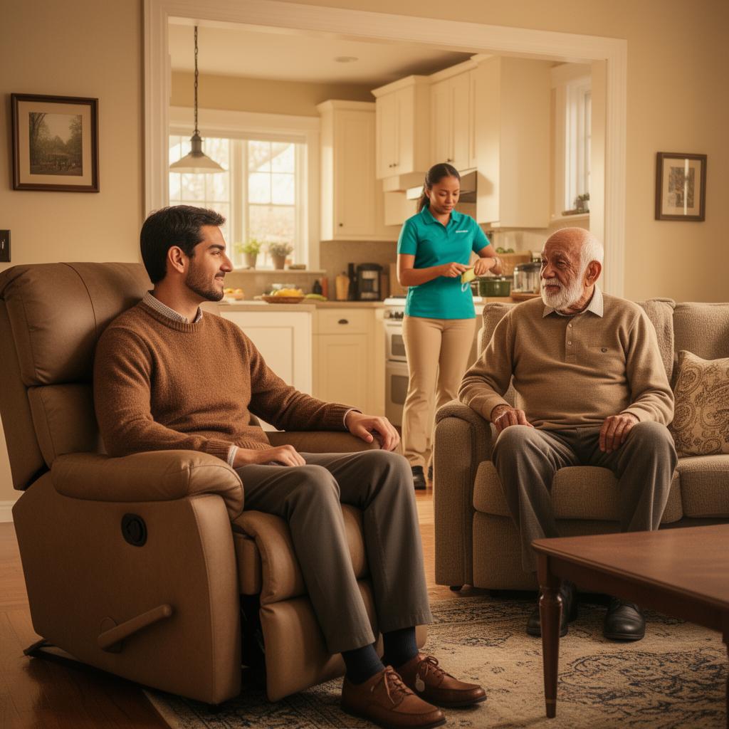 Multigenerational family with professional caregiver in teal polo in warm Michigan home