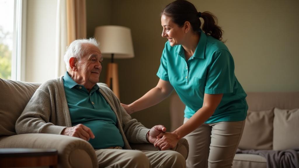 Professional caregiver in teal polo helping a senior man steady himself in his living room after a fall