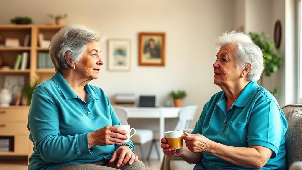 Senior and caregiver chatting over tea in a bright, tidy living room