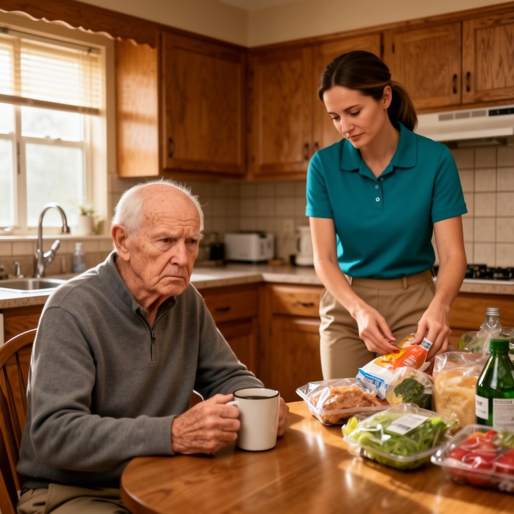 Elderly man looking skeptical at kitchen table while caregiver in teal polo arranges groceries in Michigan home