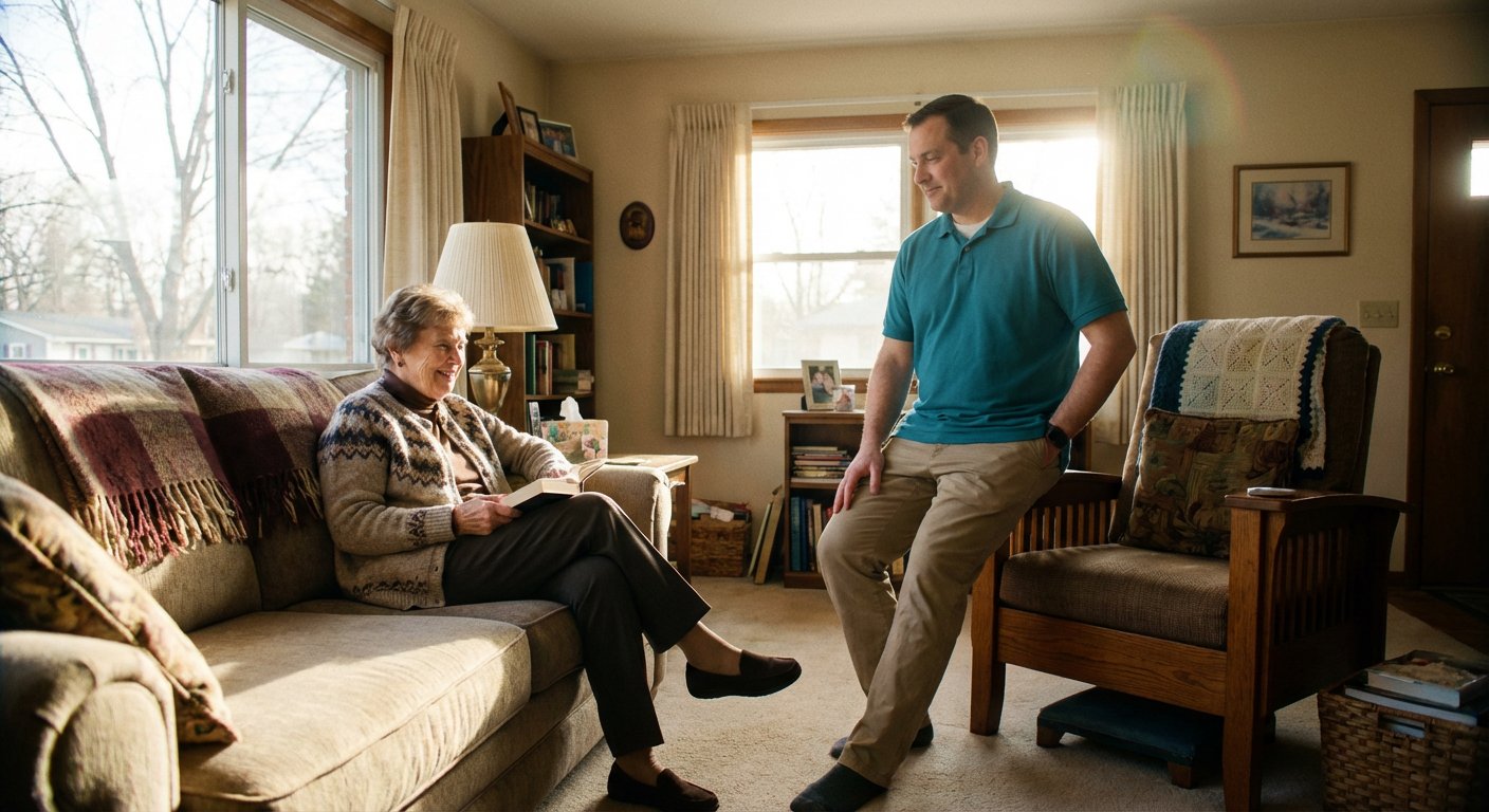 Senior resting comfortably in their own bed at home with caregiver reading nearby