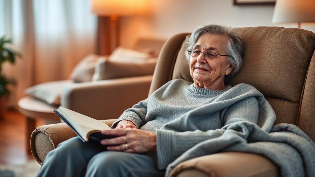 Elderly woman resting comfortably in a recliner at home recovering from surgery