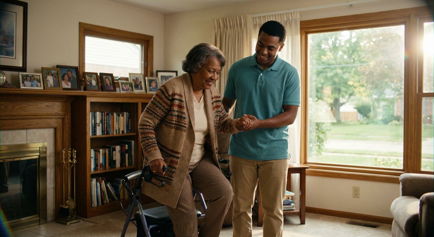 Senior practicing walking in a hallway with caregiver beside him for support