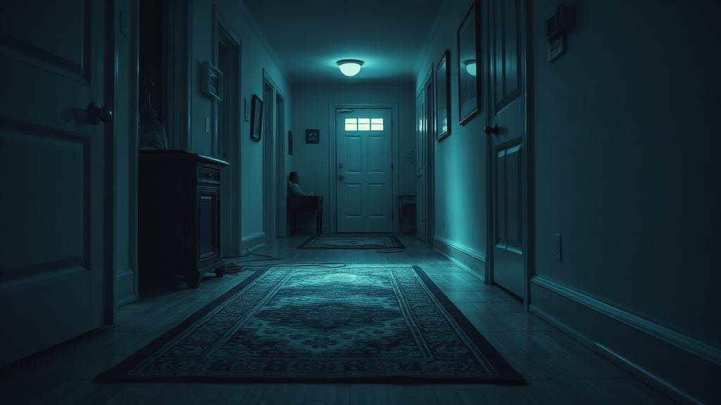 Dimly lit home hallway with tripping hazards including loose rugs and clutter